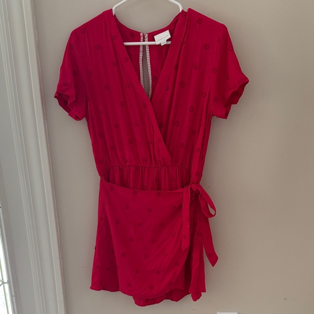 Anthropologie Pink Embroidered Dot Wrap Romper Size Small Tie Waist Short Sleeve